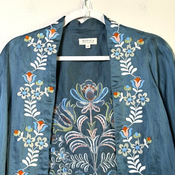 Novica Azure Autumn Floral Embroidered Kimono Jacket Size S M Blue Birds Pockets - Picture 2 of 13